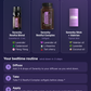 An infographic titled 'Serenity Sleep System' from dōTERRA explains how to use essential oils for sleep. It shows three product bottles: 'Serenity Restful Blend', 'Serenity Restful Complex Softgels', and 'Serenity Stick + Volvarian' on a dark purple background with step-by-step instructions below. doTERRA Serenity Sleep System
