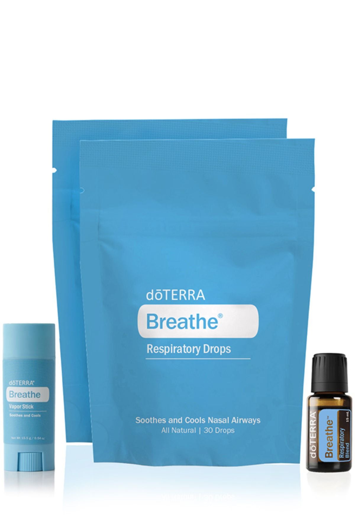 doTERRA Breathe respiratory drops packaging with blue dropper bottle and essential oil bottle on a white background