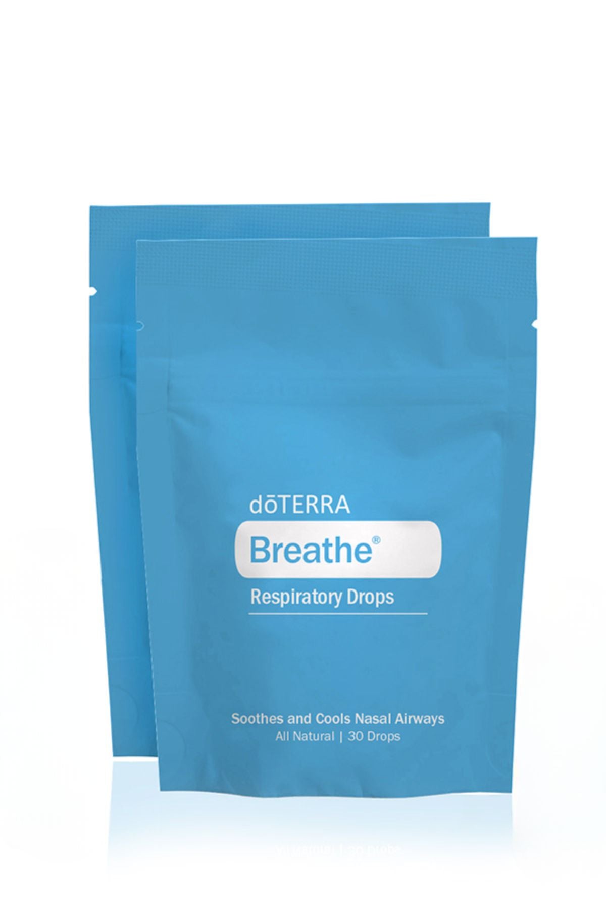 Two blue packages of dōTERRA Breathe Respiratory Drops on a white background