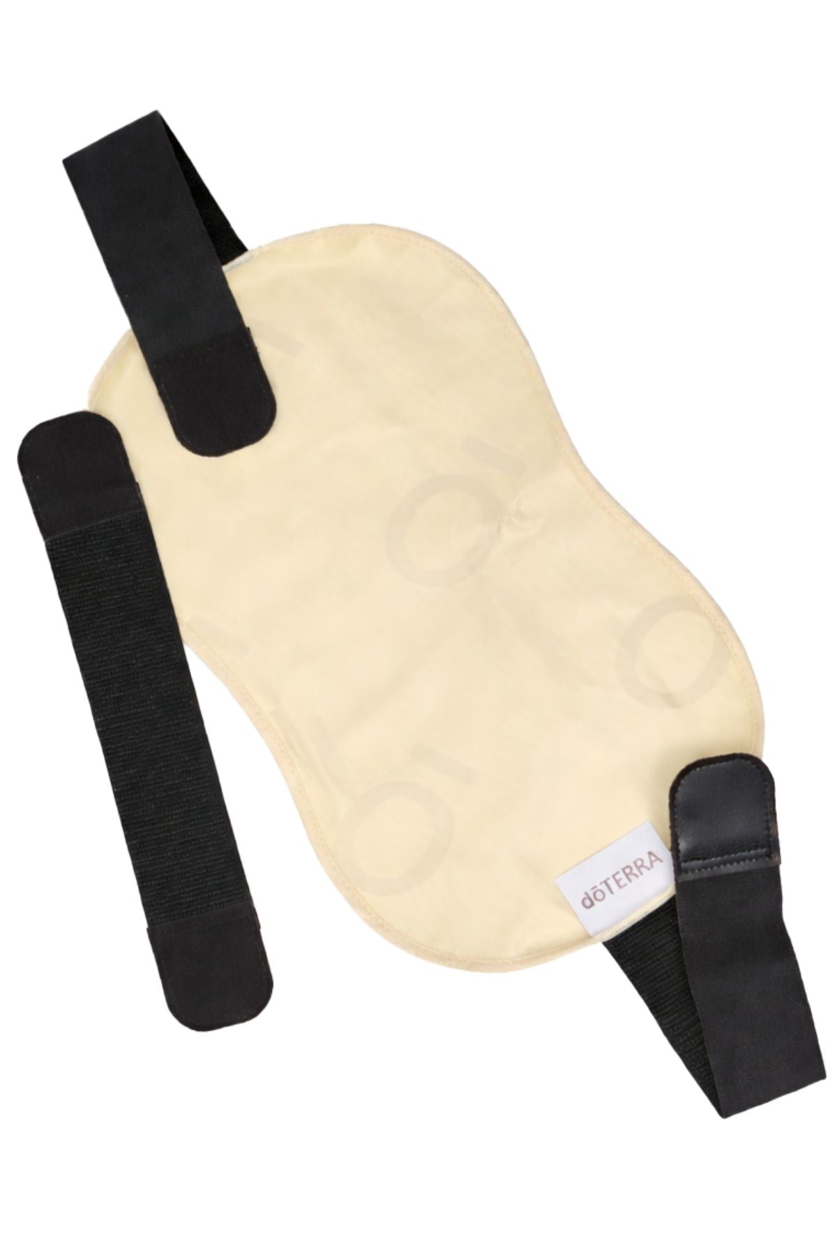 A beige baby support wrap with black elastic straps, shown on a plain white background. A small white label on the front reads 'doTERRA Castor Oil Wrap Pack'.