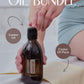 A promotional bundle graphic for doTERRA castor oil, showing a person holding a dark amber bottle labeled doTERRA Castor Oil, with hands and part of the body visible in a spa-like setting. Large text reads 'GET THE CASTOR OIL BUNDLE' with callouts for 'Castor Oil' and 'Castor Oil Pack'. doTERRA Castor Oil Wrap Pack