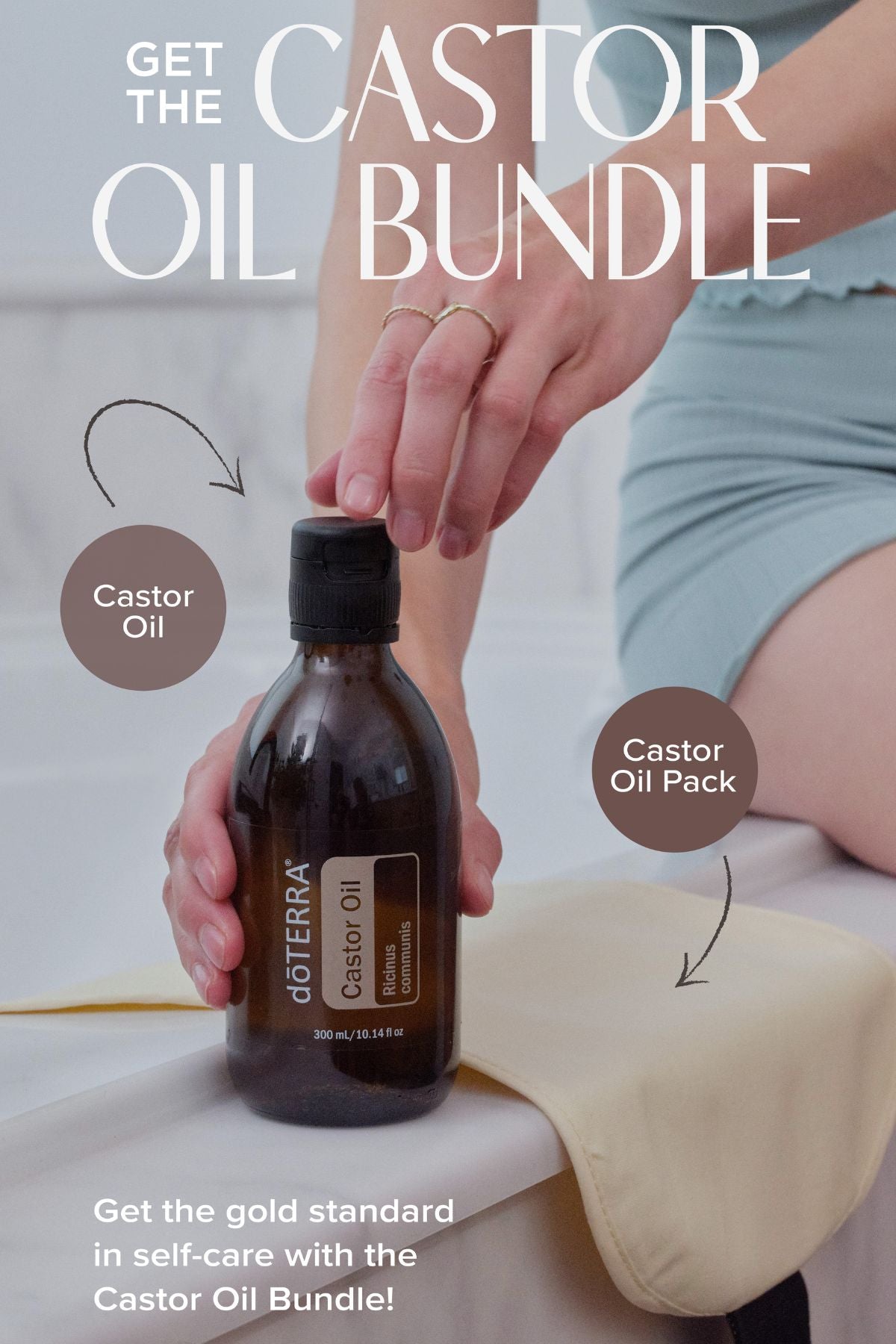 A promotional bundle graphic for doTERRA castor oil, showing a person holding a dark amber bottle labeled doTERRA Castor Oil, with hands and part of the body visible in a spa-like setting. Large text reads 'GET THE CASTOR OIL BUNDLE' with callouts for 'Castor Oil' and 'Castor Oil Pack'. doTERRA Castor Oil Wrap Pack