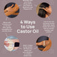 An informational infographic poster titled '4 Ways to Use Castor Oil' on a muted mauve background, featuring four circular photos showing hands and a scalp being massaged with castor oil, accompanied by text instructions. doTERRA Castor Oil Wrap Pack