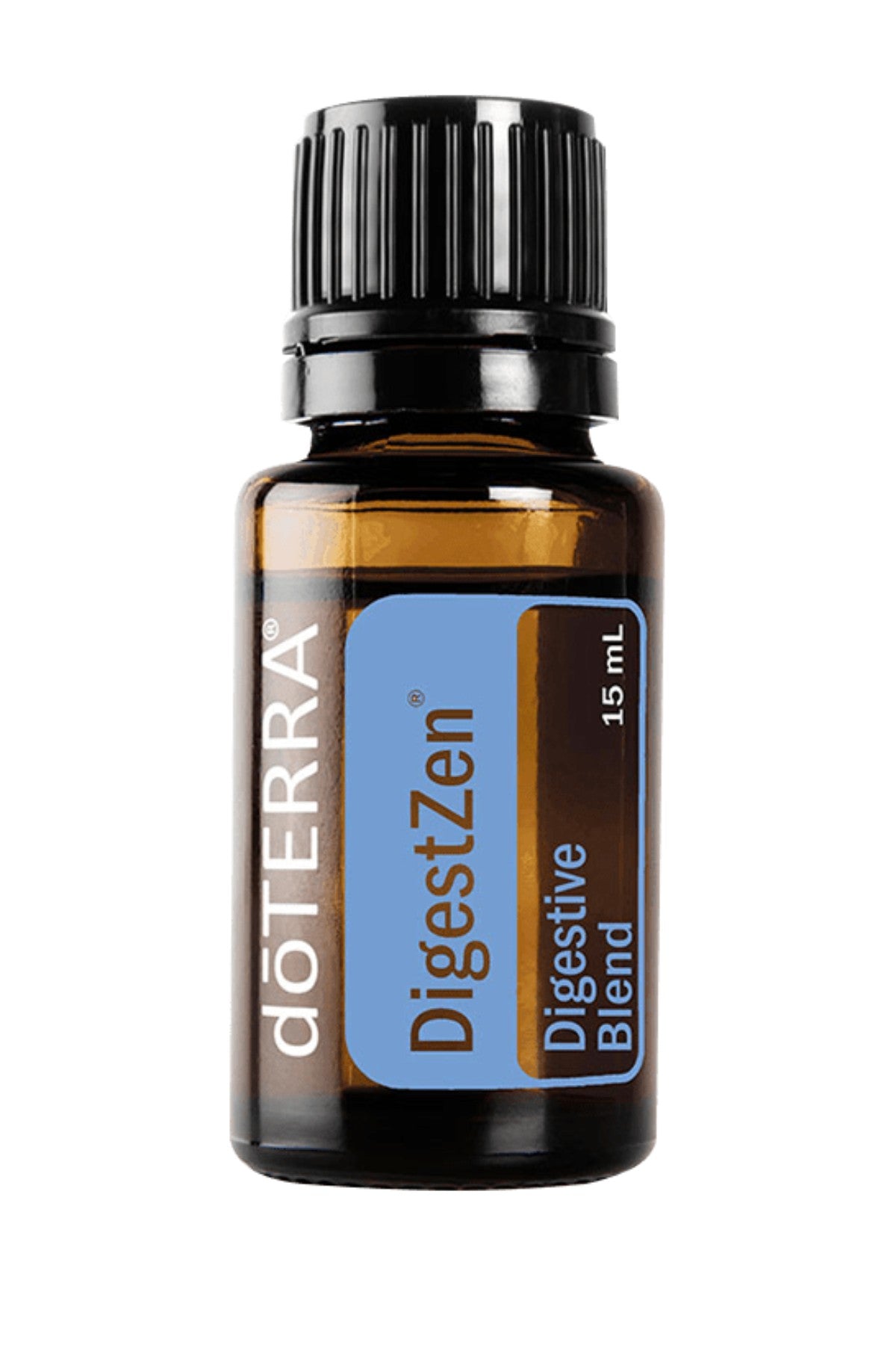 doTERRA DigestZen digestive blend essential oil bottle on a white background