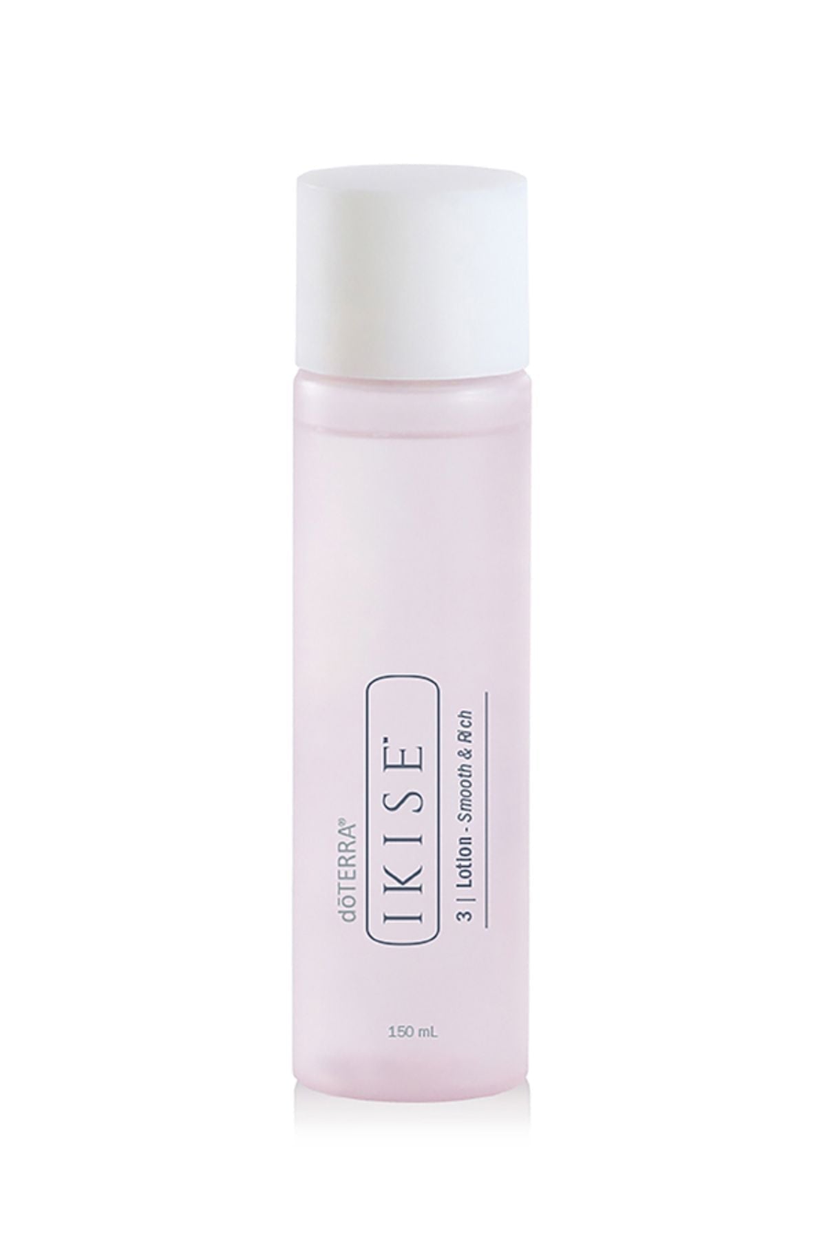 A 150 mL bottle of doTERRA IKISE 3 Lotion + Smooth & Rich, featuring a translucent pale pink bottle and a white cap, set against a plain white background.