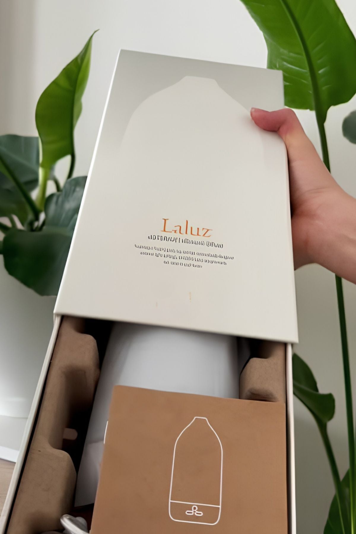 A hand holding the lid of a white Laluz diffuser box, revealing a white diffuser bottle and a brown instruction card inside a brown foam insert, with green plant leaves in the background. dōTERRA LaLuz Diffuser
