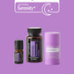 Three DoTerra Serenity sleep support products on a lavender background: a small dark bottle, a larger amber bottle with a black cap, and a light purple stick container. A large 'Sleep' label with the DoTerra Serenity name and moon graphic appears above, and 'MAKE ROOM FOR rest' appears below. doTERRA Serenity Sleep System