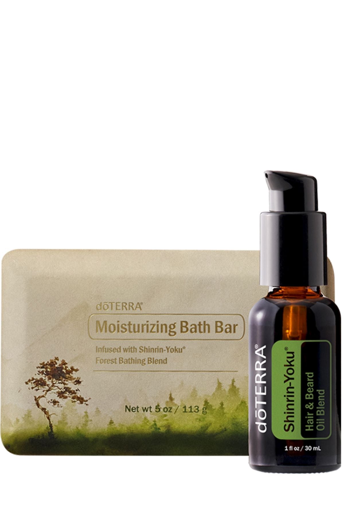 doTERRA Shinihi-Yoku hair and beard oil bottle with a bath bar on a white background
