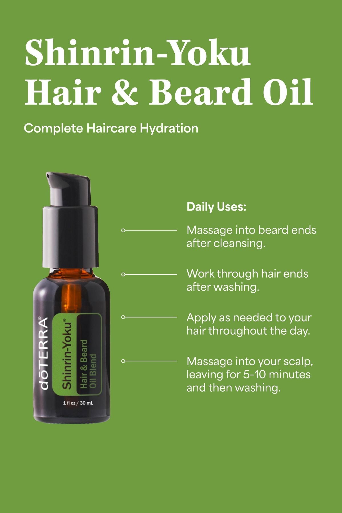 doTERRA Shinrin-Yoku Hair & Beard Oil bottle with usage instructions on a green background