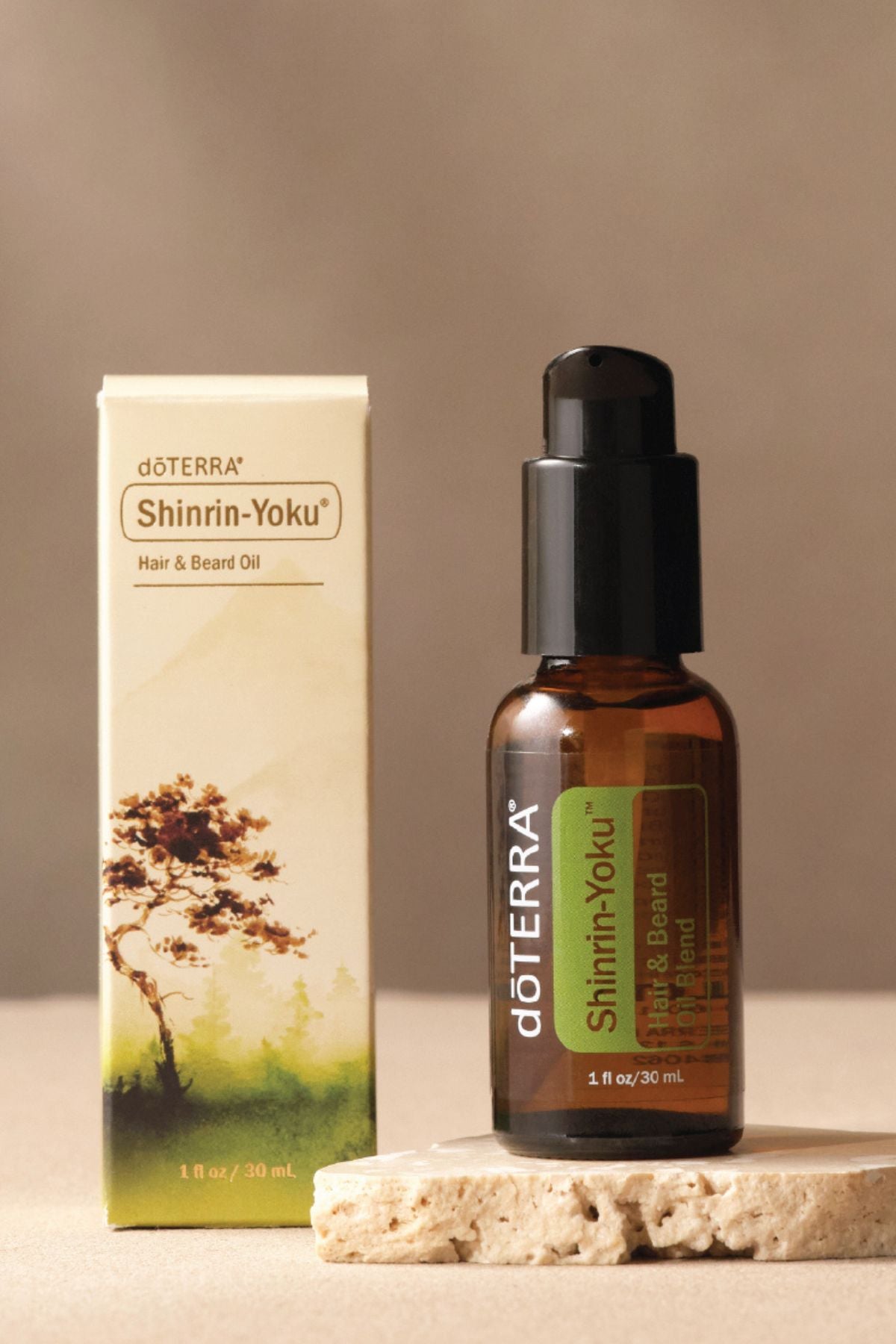 doTERRA Shinrin-Yoku hair and beard oil bottle and packaging on a neutral background