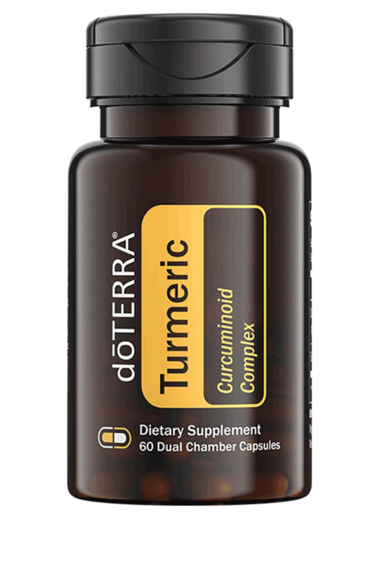 A bottle of doTERRA Turmeric Curcuminoid Complex dietary supplement, featuring a dark amber brown bottle with a black cap and a yellow and black label, on a plain white background.